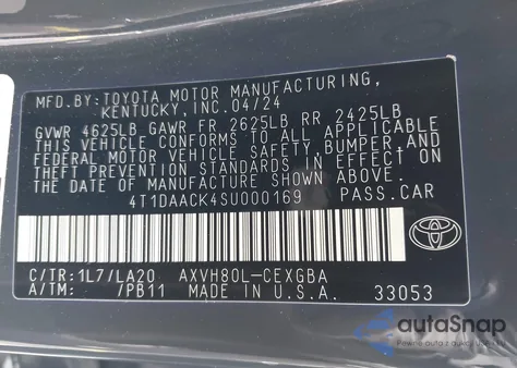 2025 Toyota Camry Xle из США, поврежденный, VIN 4T1DAACK4SU000169